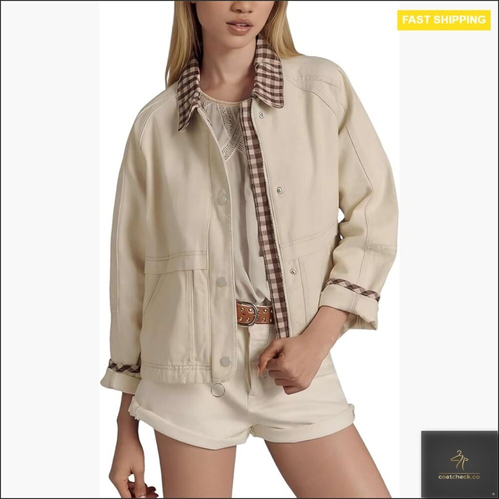Cropped Plaid Bomber Jacket Windproof Cotton Casual Spring Coat with Pockets